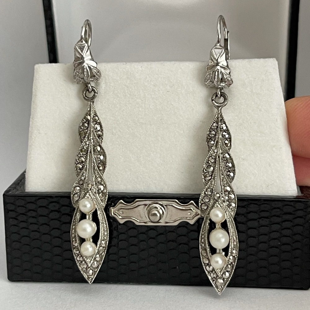 Antique pearl marcasite solid sterling silver earrings - Picture 3 of 6